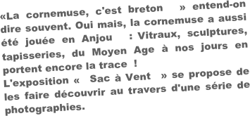 «La cornemuse, c'est breton  » entend-on dire souvent. Oui mais, la cornemuse a aussi été jouée en Anjou  : Vitraux, sculptures, tapisseries, du Moyen Age à nos jours en portent encore la trace  !
L'exposition «  Sac à Vent  » se propose de les faire découvrir au travers d'une série de photographies.